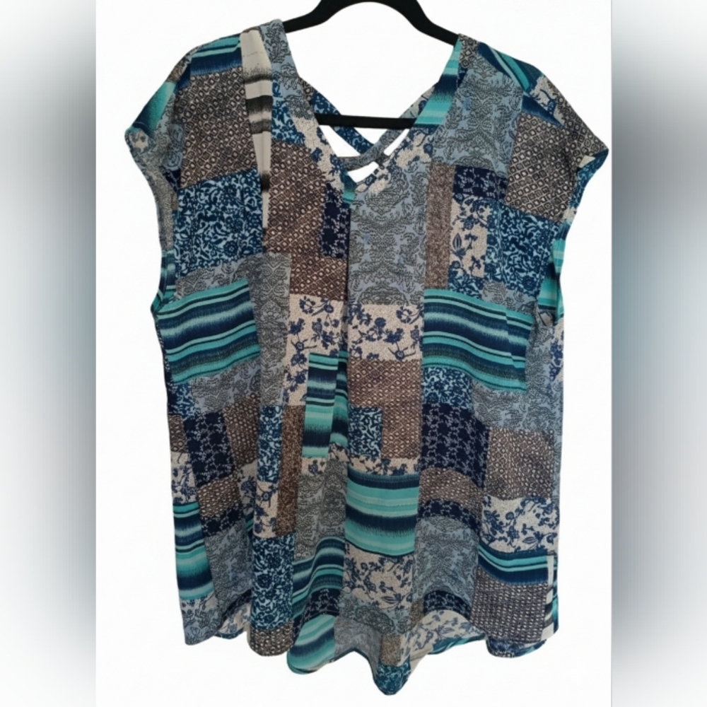 CJ Banks Teal and Beige Patchwork Blouse